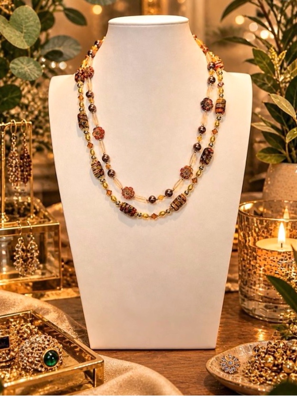 ARTISAN Double Strand Italian Millefiori, Pearl, Czech Glass & Crystal Necklace